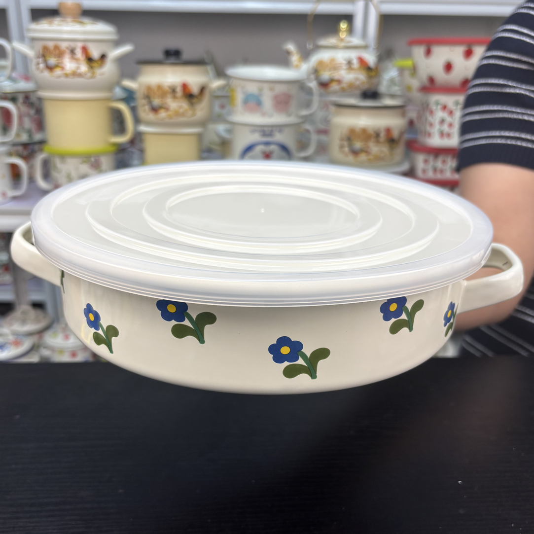 24cm特厚双耳大号小蓝花系列珐琅搪瓷水果盘饺子盘家用盘子烤盘