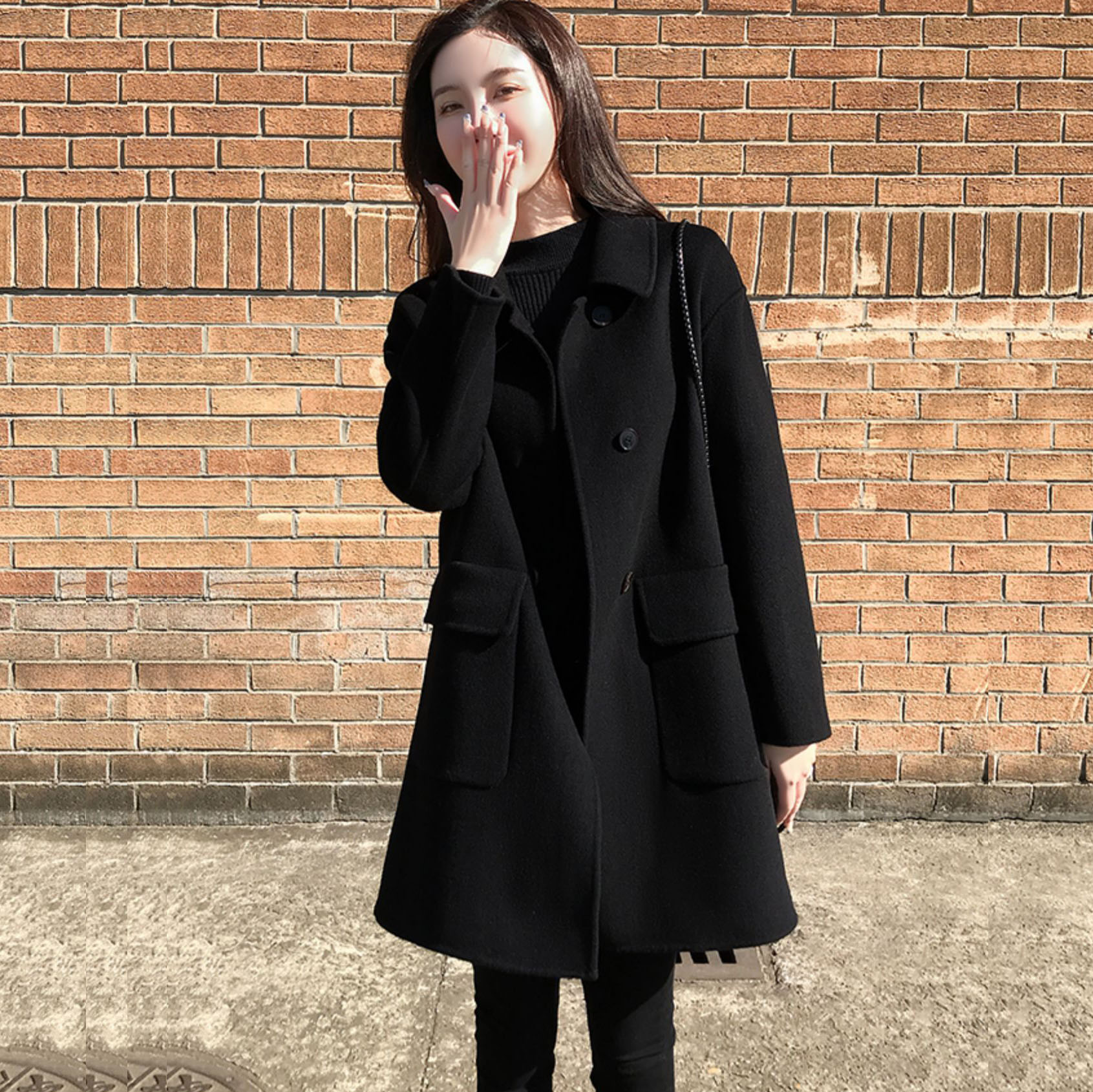 夹棉加厚毛呢外套女中长款显瘦秋冬双排扣黑色呢大衣外套