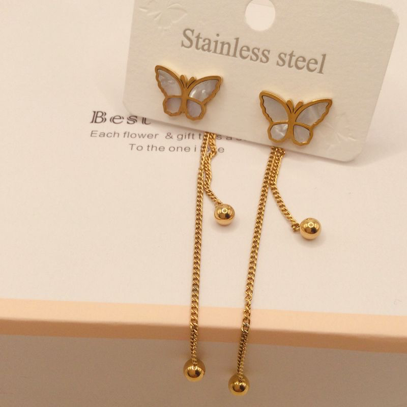 钛钢耳饰 【B141】钛钢蝴蝶两带款流苏耳环