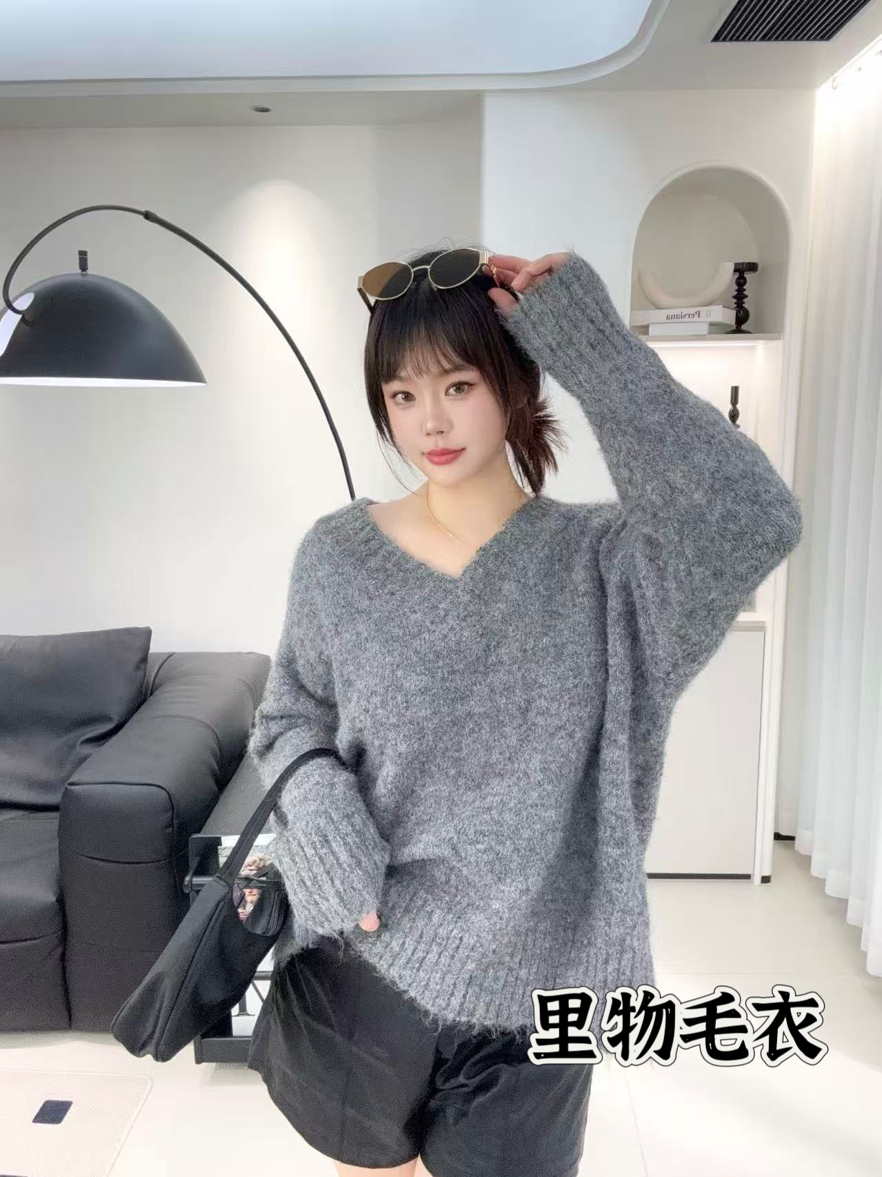 【里物毛衣】复古宽松慵懒风大v领套头长袖毛衣女中长款针织衫