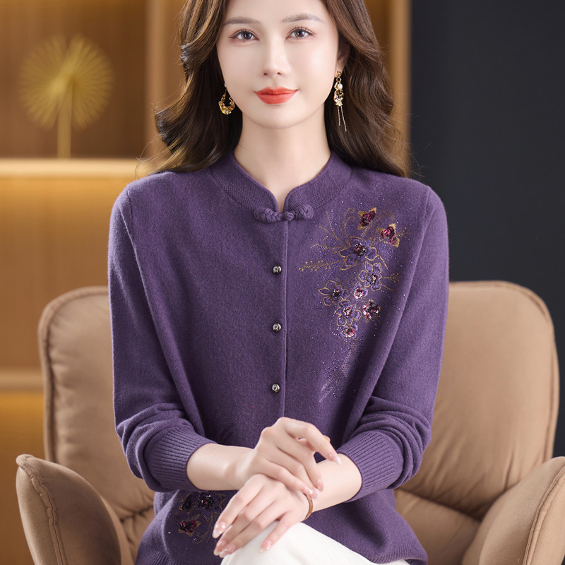 高贵妈妈100纯羊毛新中式盘扣立领针织开衫中老年喜婆婆毛衣外套