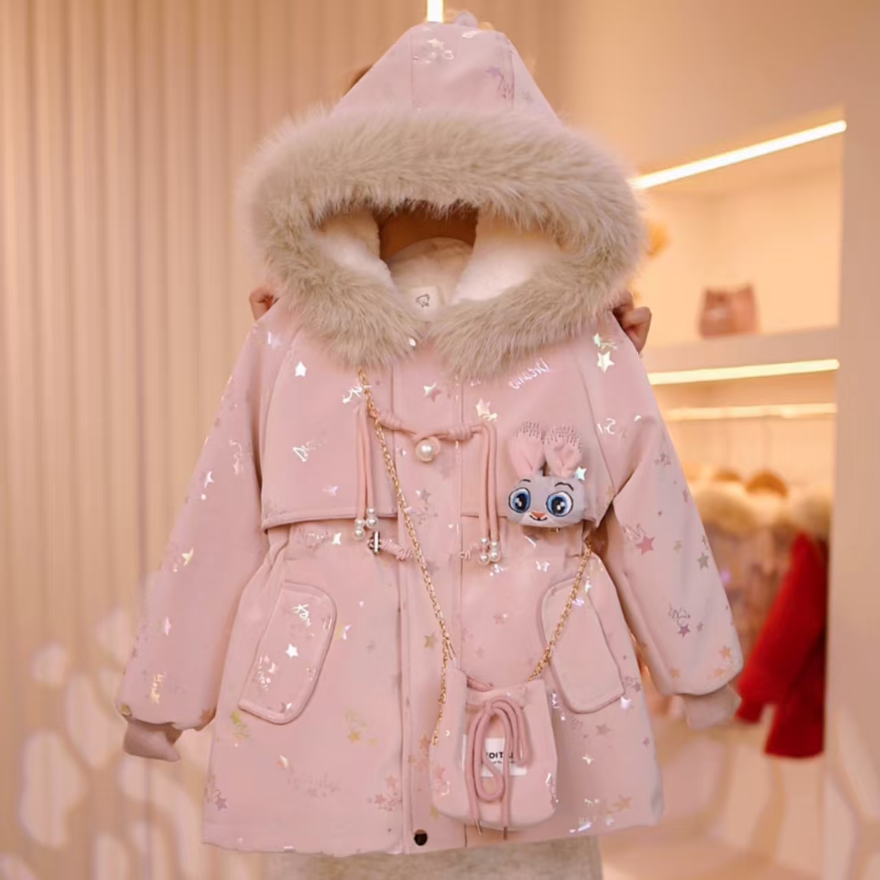 【璀璨星空 . 免洗皮衣】女童中长款儿童加绒加厚冬季星星派克服