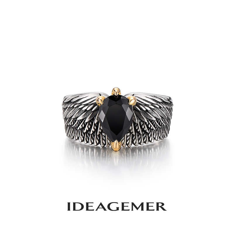 ideagemer 925银合成锆石戒指 老鹰气质翅膀戒指男士原创设计复古
