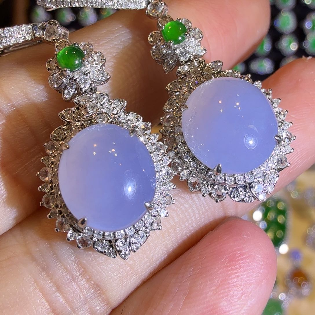 翡翠耳饰18K金镶嵌紫罗兰高冰蛋面