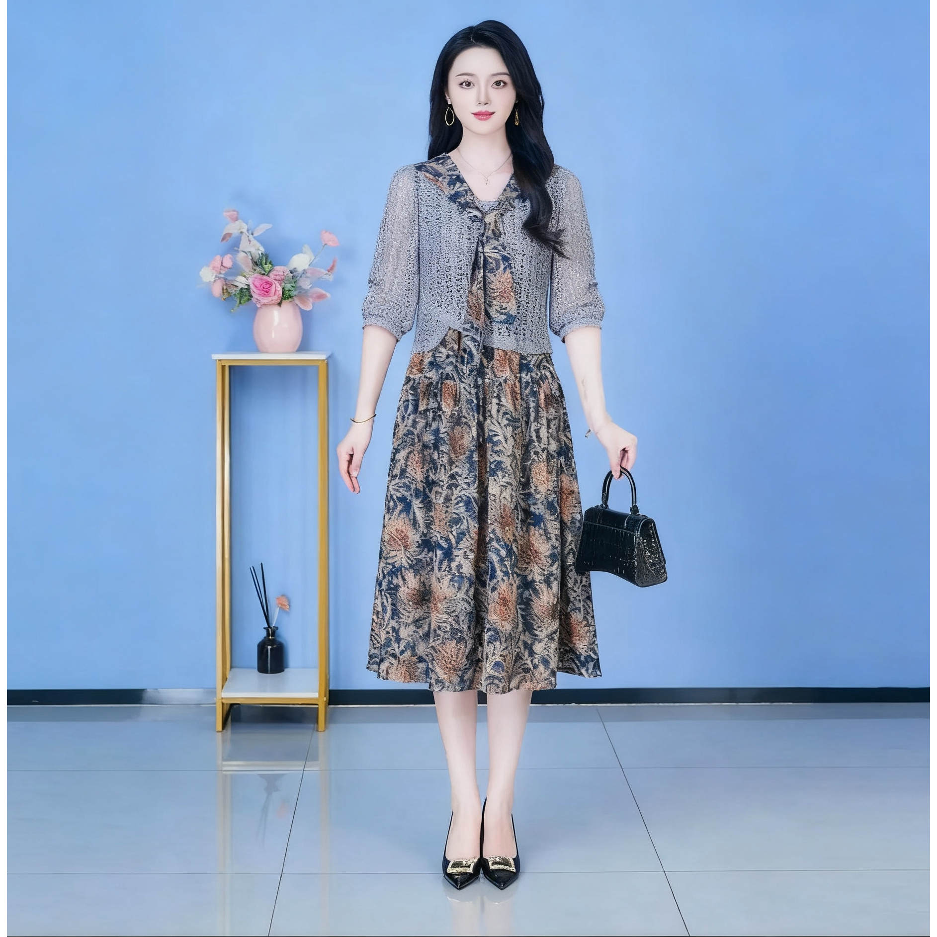 2025早秋新款灰色套装裙两件套时尚优雅减龄洋气套装L