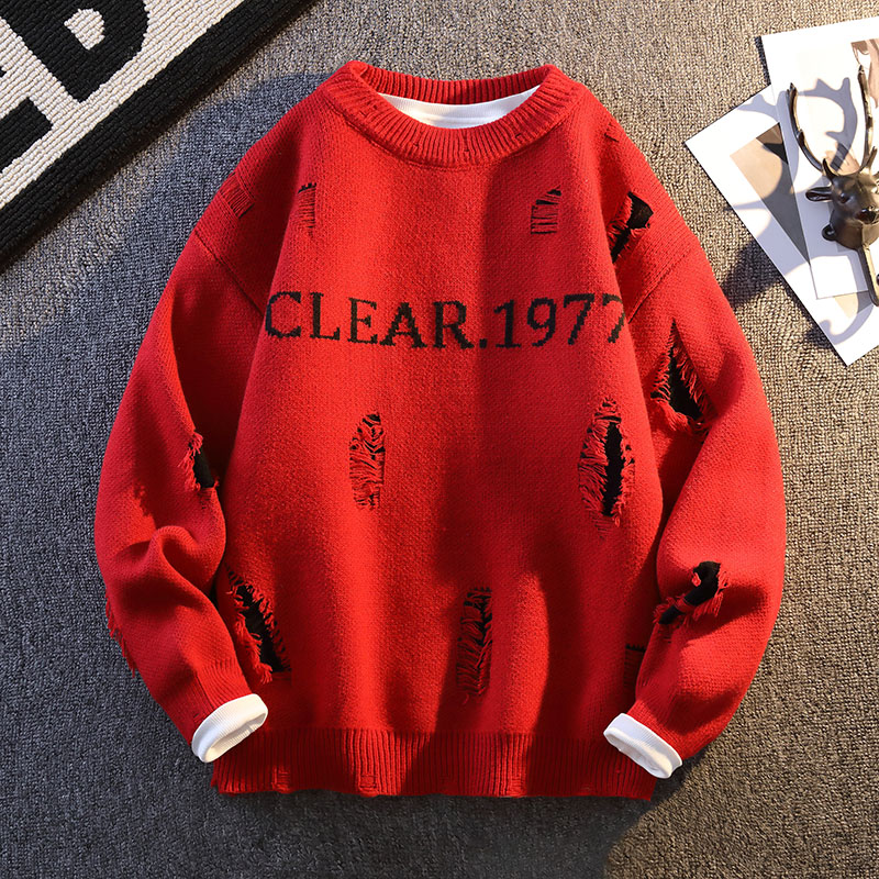 男款秋冬季宽松毛衣潮流针织破洞提花打底衫圆领个性帅气百搭线衣