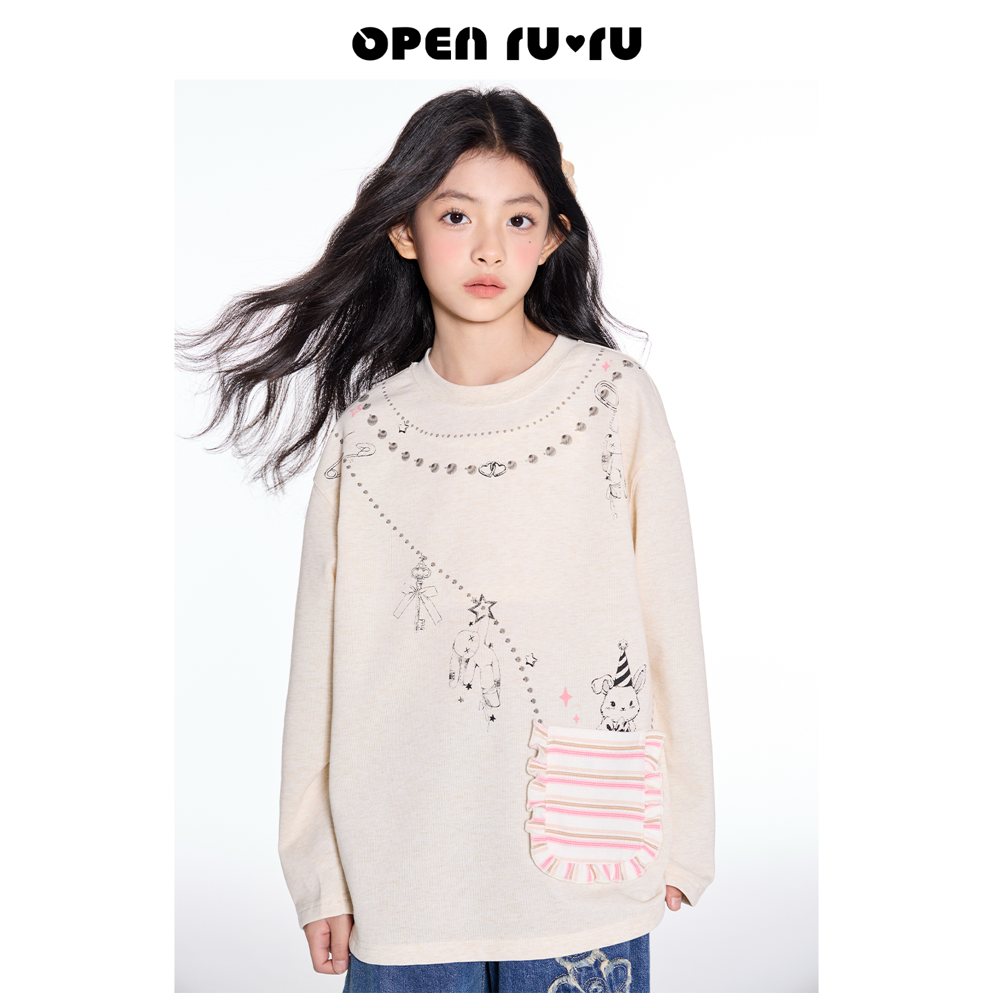 Opennunu女童独特印花设计感T恤秋季中大童圆领撞色休闲长袖上衣