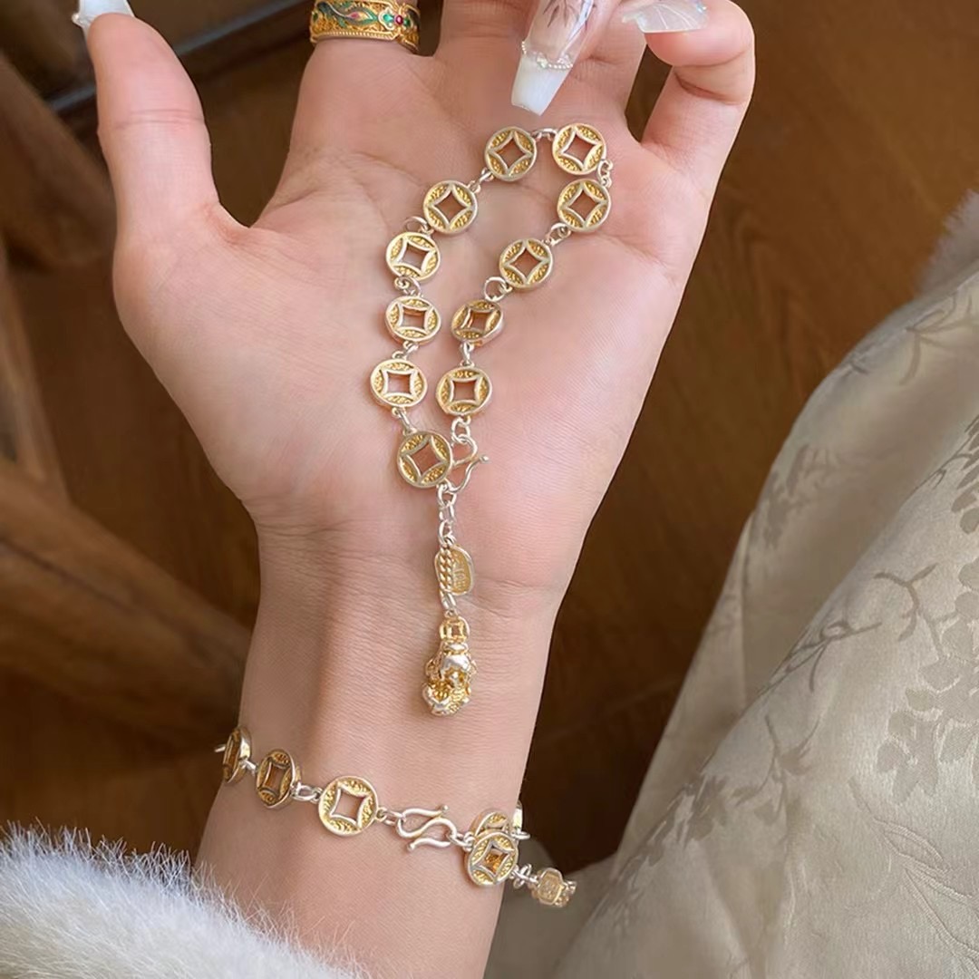 足银手链 足银9999貔貅铜钱币手链情侣男女描金招财纳福送礼物