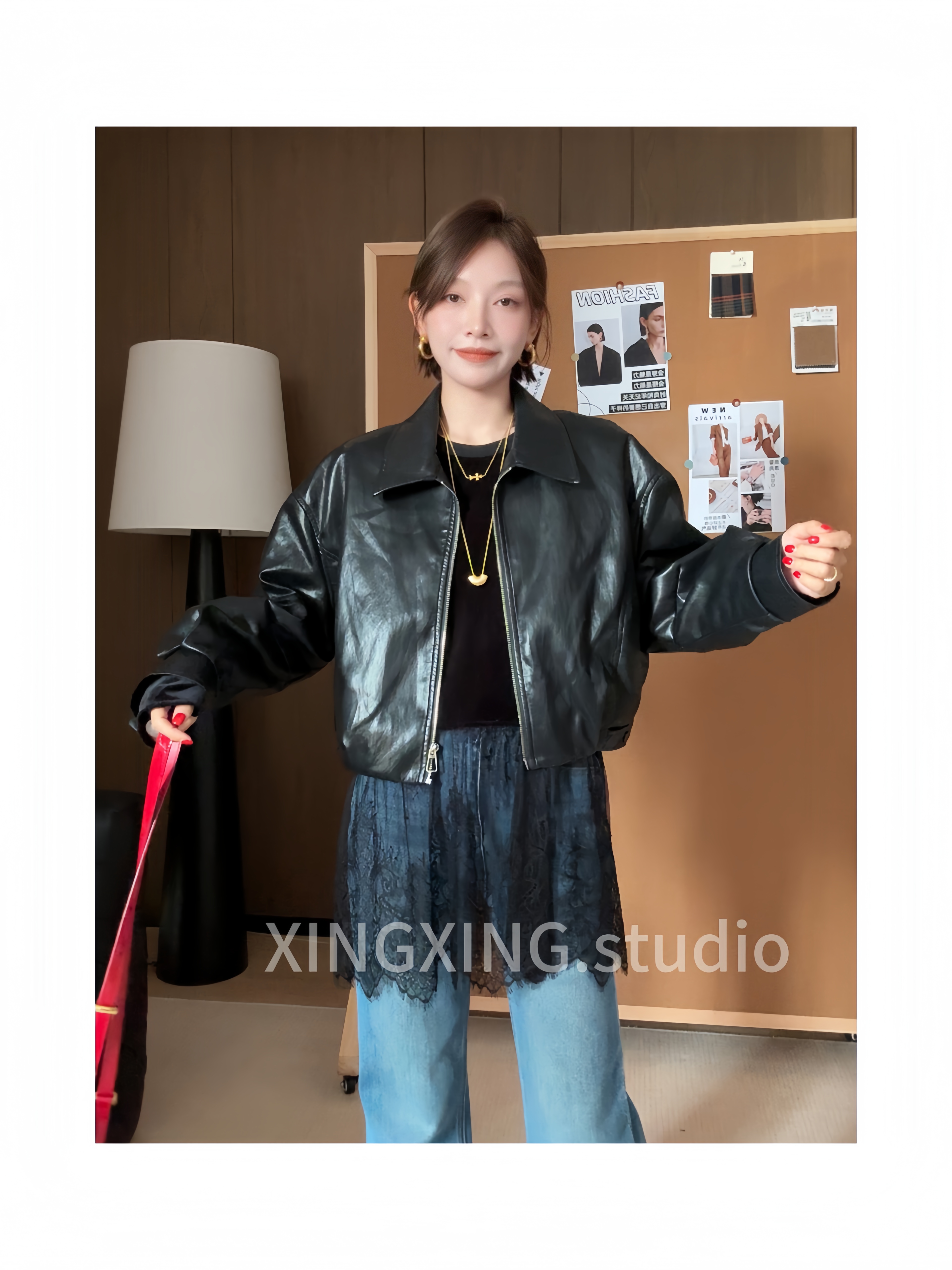 X.x.时髦复古酷飒机车风皮衣羽绒外套女冬季洋气短款羽绒上衣387