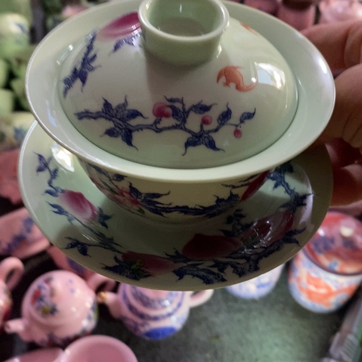 摆件瓷绿稀土寿桃三才盖碗