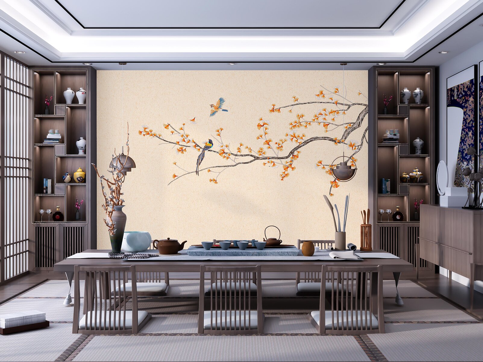 俞家绣-杏林满园刺绣背景墙布适用于电视床头沙发背景高端加厚