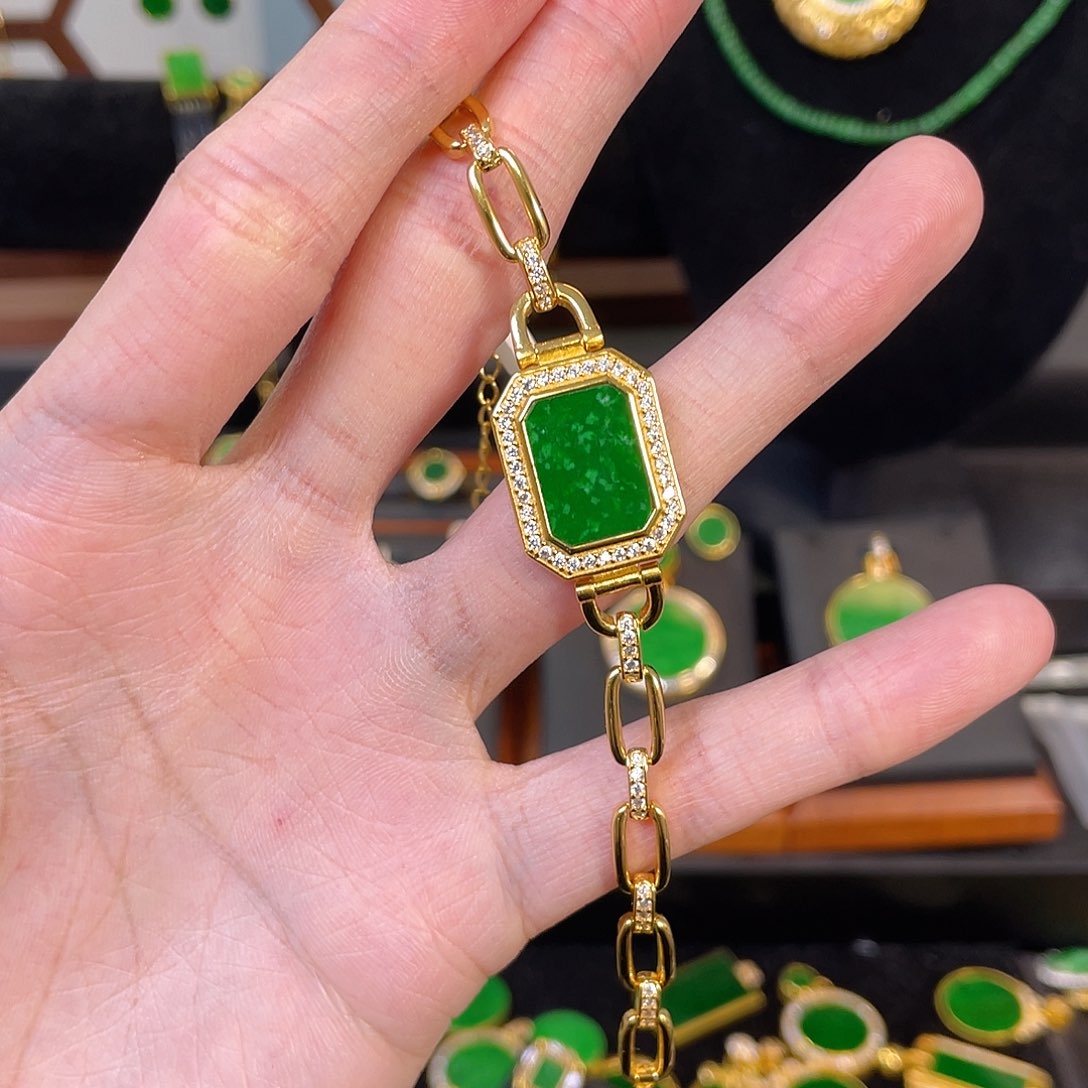 翡翠手链银S925镀金镶嵌
