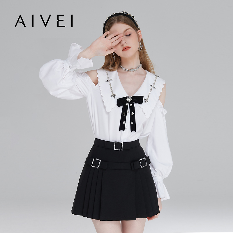AIVEI欣贺艾薇2023春季新日系软萌甜妹挖肩长袖水钻衬衫Q016S113