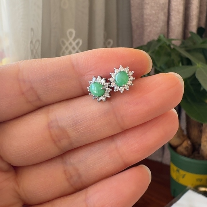 翡翠银S925镶嵌耳饰耳钉中号