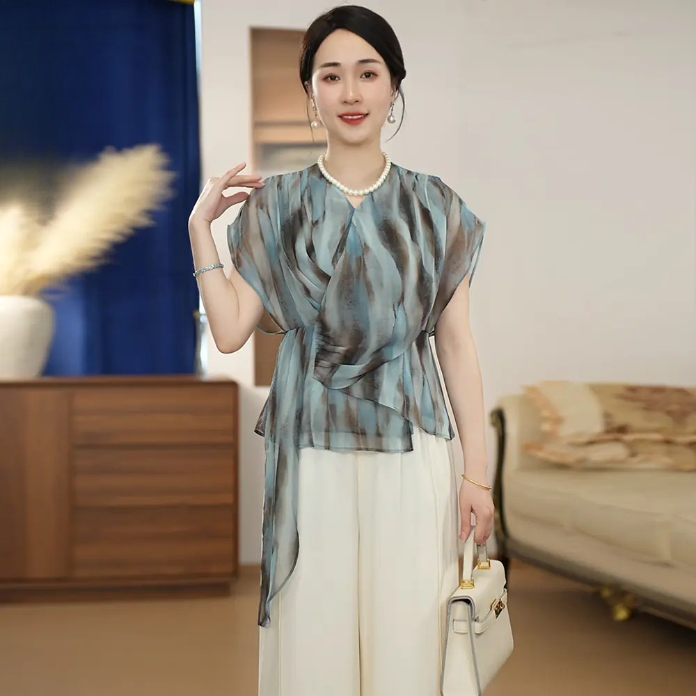 妈妈装设计感系带不规则洋气上衣气质时尚洋气提花两件套