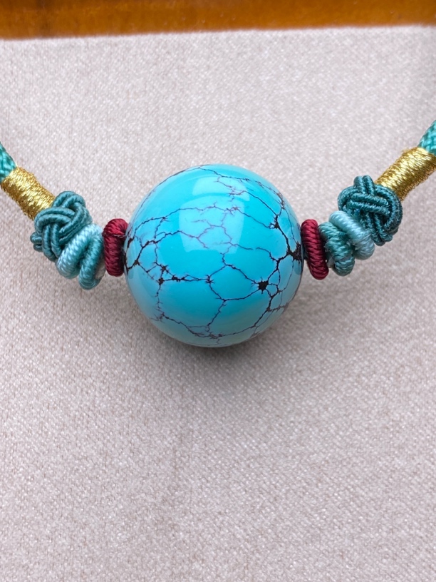 原矿绿松石圆珠高瓷蓝色满花纹直径18.6mm玉化料锁骨珠