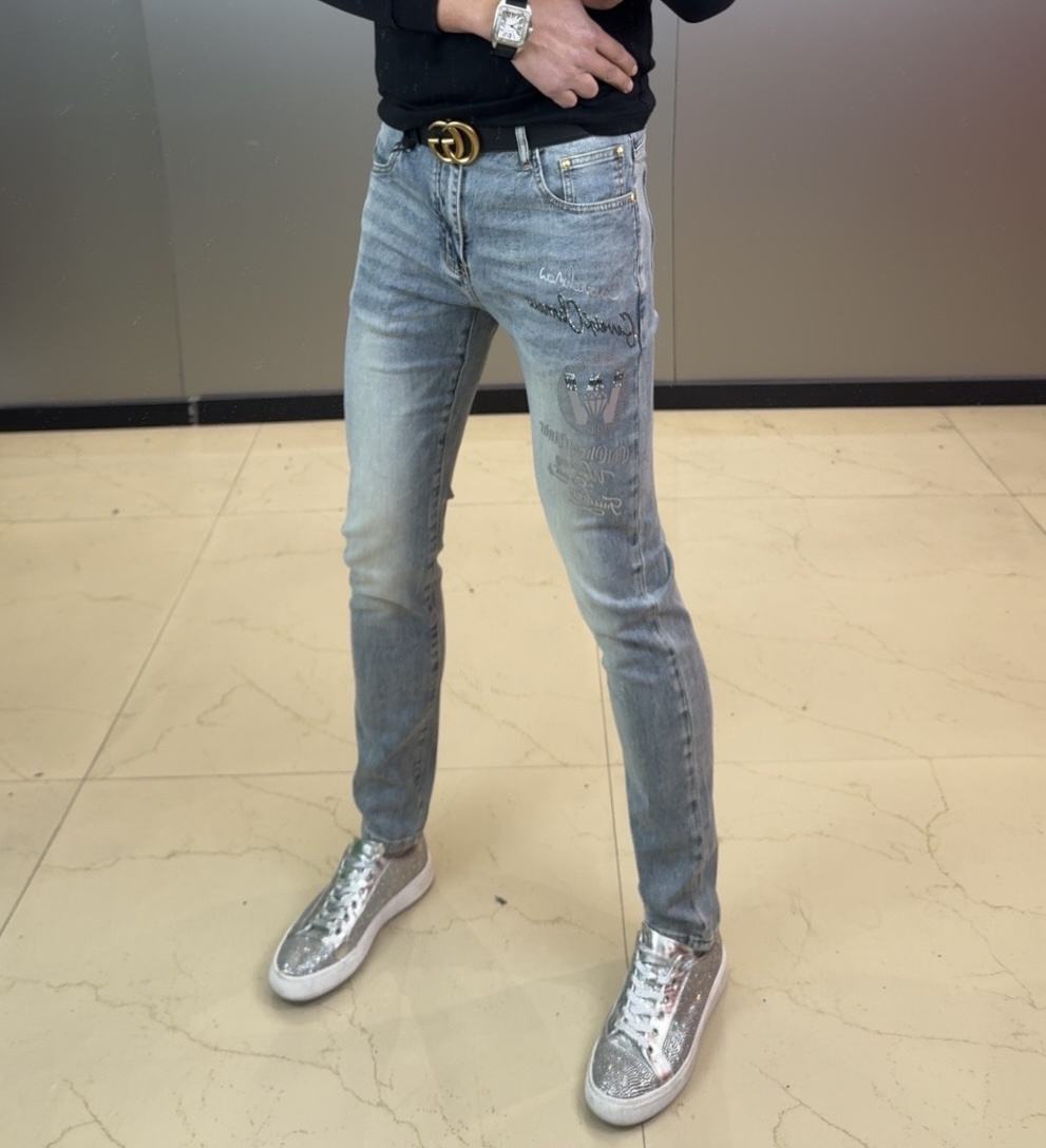 夏季碳印洗水蓝百搭高弹修身男士小脚牛仔裤休闲蓝色裤子男款8252