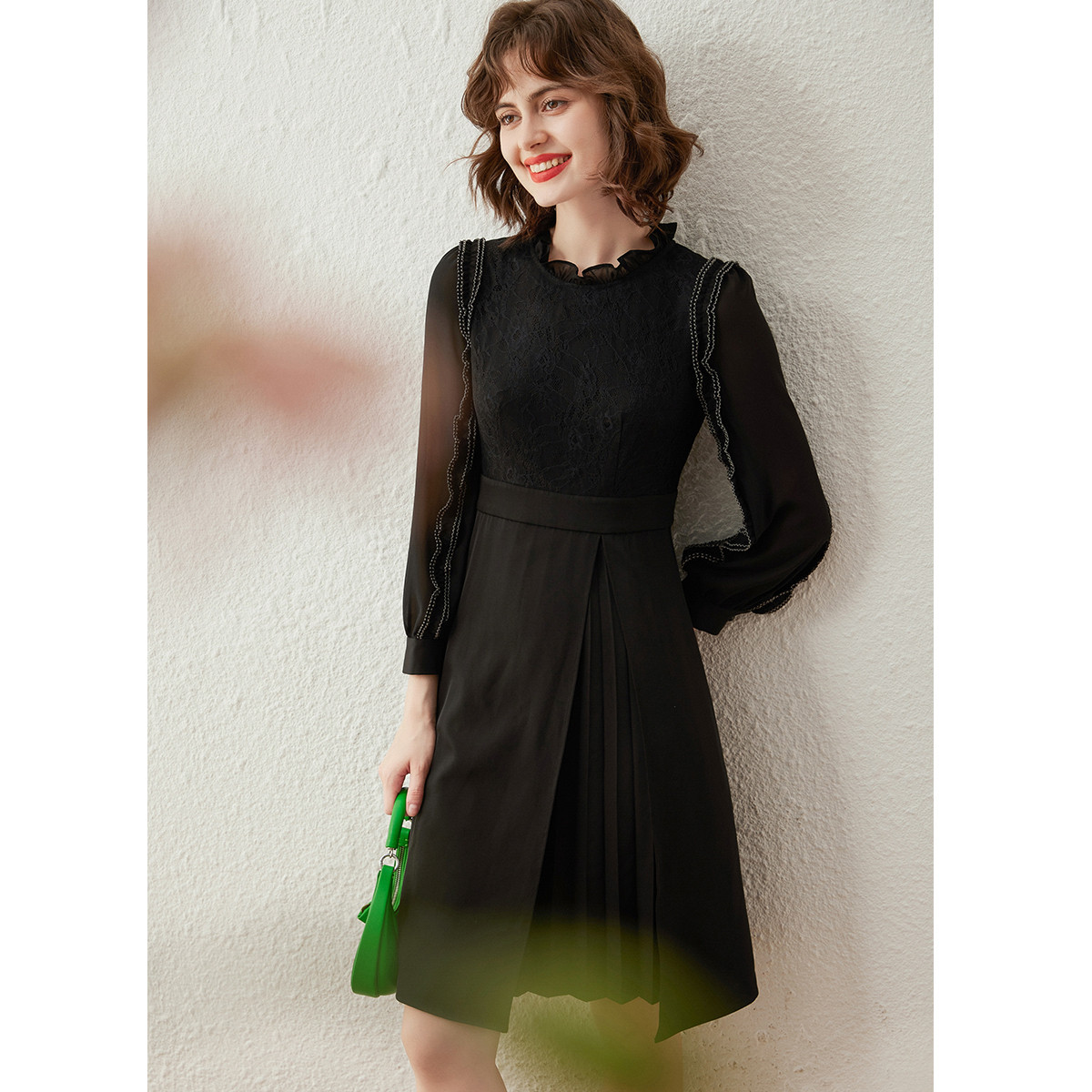 【小铃铛】白鹿语气质拼接木耳边连衣裙春秋女裙ZBY20016