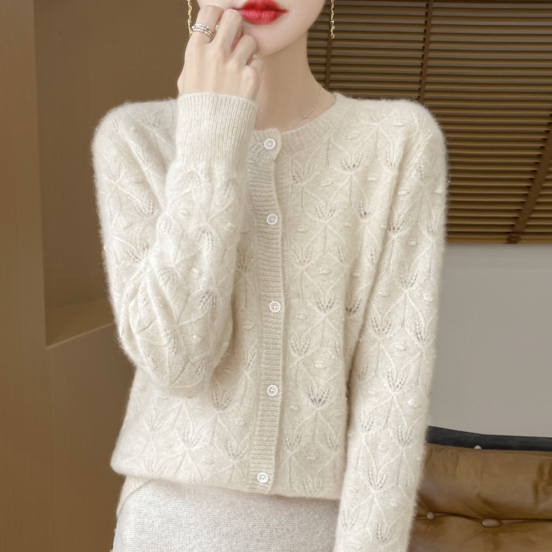 重磅工艺钩花~新春圆领镂空女士宽松法式羊毛针织开衫外套女