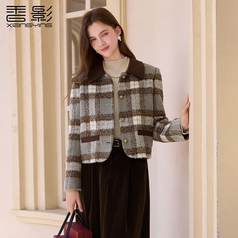 【粉丝专享】F85W005短外套香影毛呢复古格子外套女冬季新款含羊