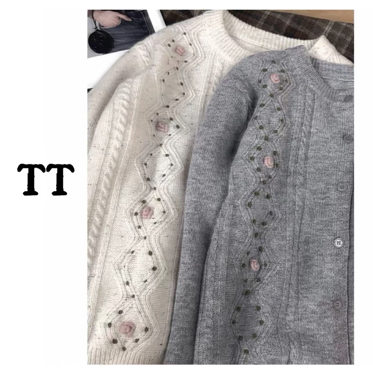 【蔷薇】圆领花朵设计感针织女秋冬季宽松加厚外穿开衫～6783