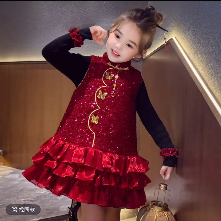 唐装女童冬季加绒加厚加绒中式女童套装宝宝新中式套装服群蝴蝶亮