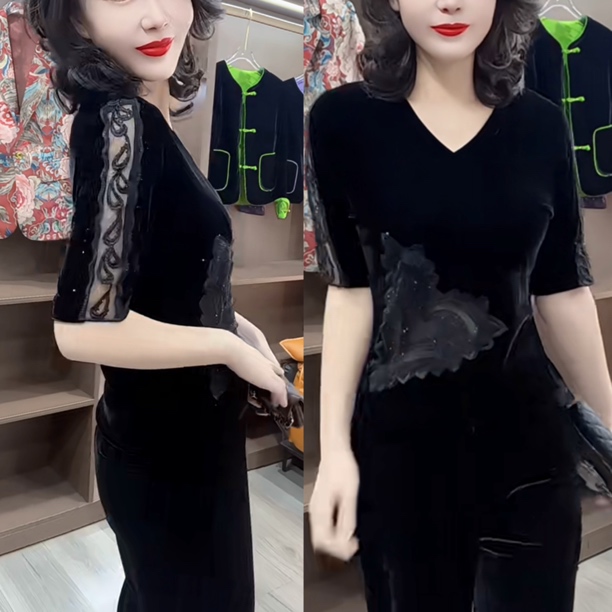 时尚穿搭女气质镂空短袖搭配裤子时尚穿搭女9845