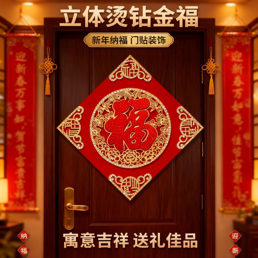 【自粘立体福字门贴】2026 马年绒布款春节过年入户大门新年福字