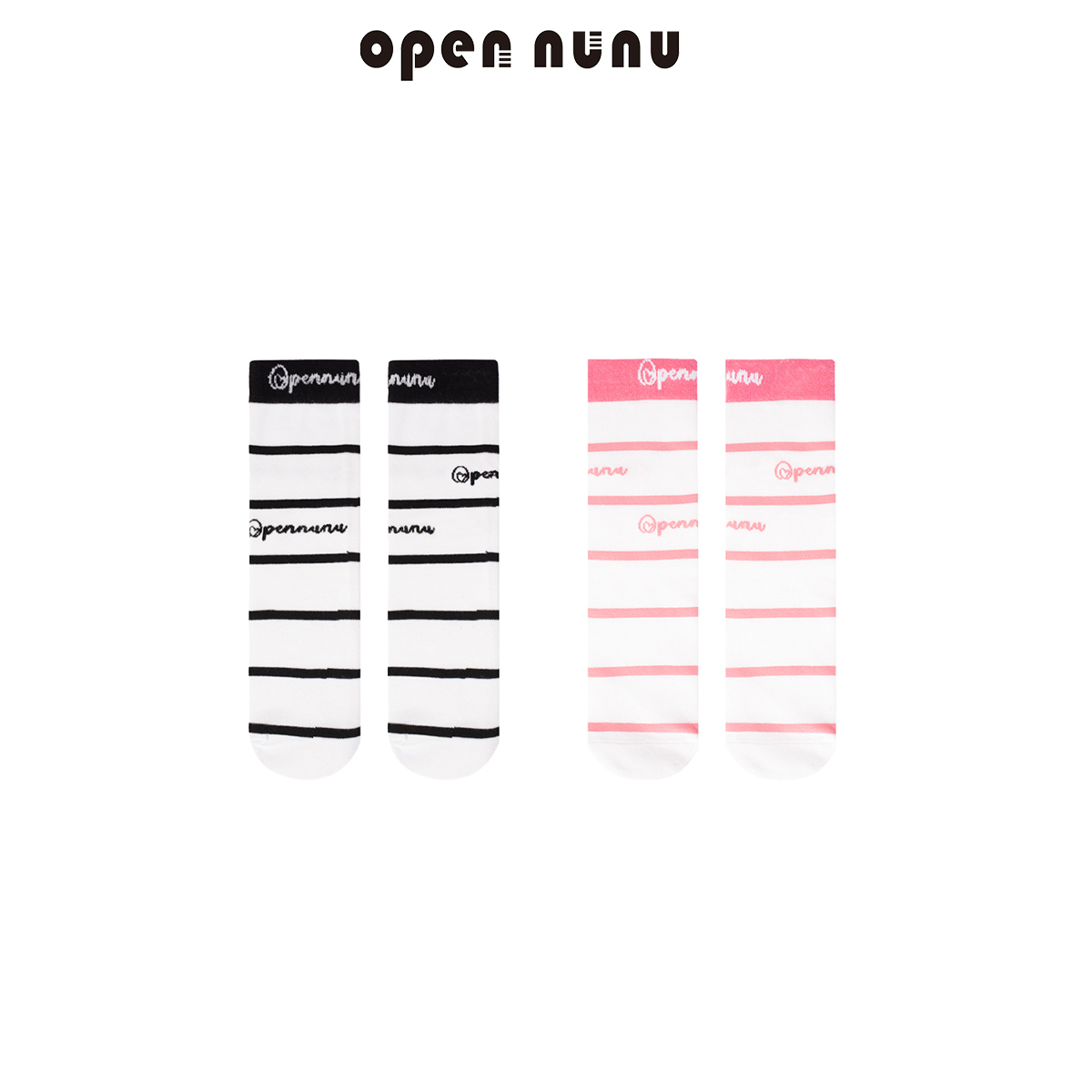 Opennunu女童春秋精梳棉经典字母撞色条纹中筒袜设计感袜子