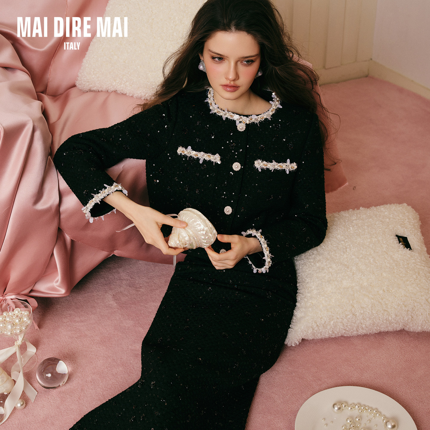 MAI DIRE MAI重工亮片珍珠长袖圆领羊毛外套高腰半裙女冬优雅套装