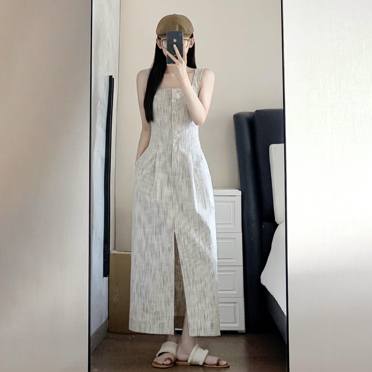 【现货+运补】灰色条纹背心无袖连衣裙法式气质巨好看开叉长裙5223