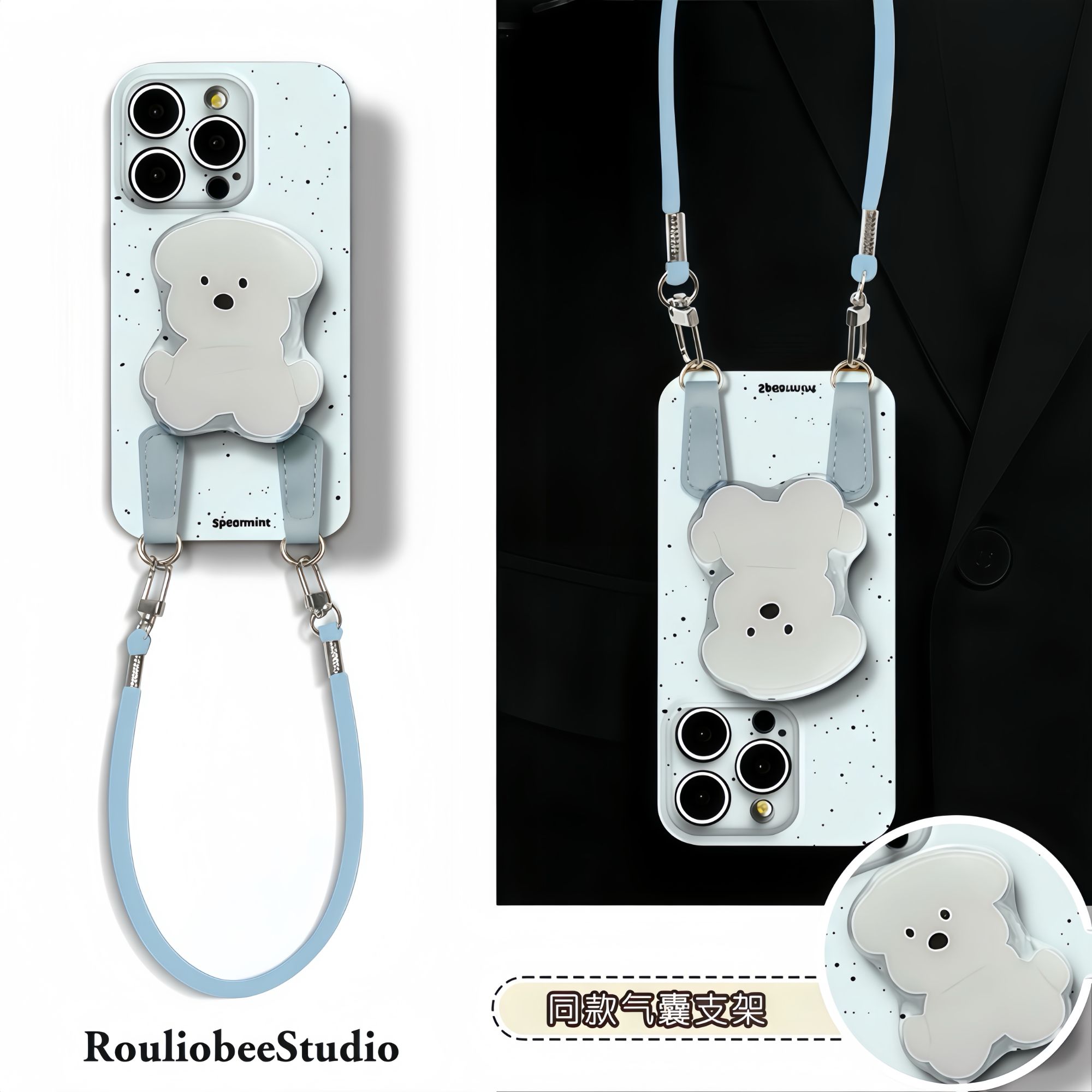 墨点小狗支架挂绳适用苹果16/17手机壳iPhone15小米14vivoppo华为