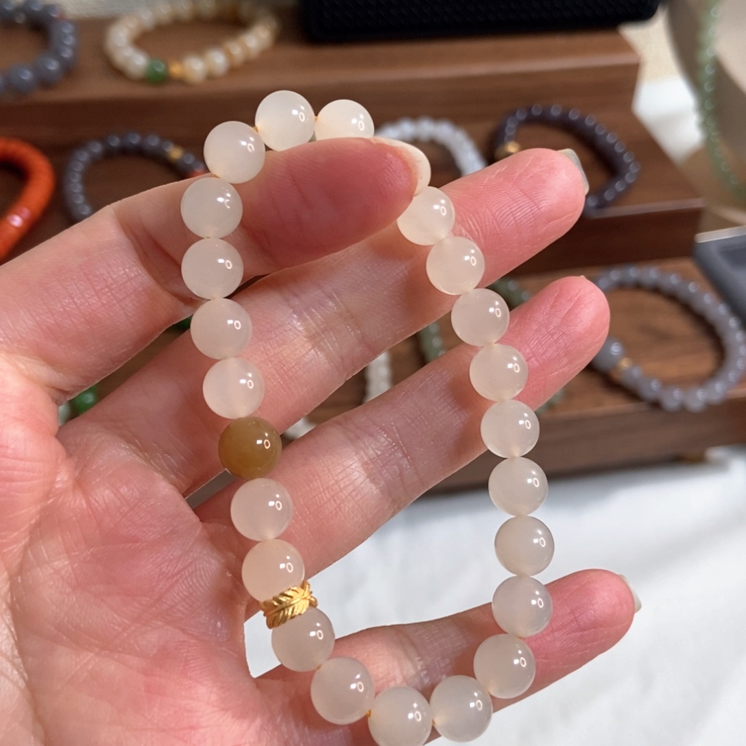 和田玉手链银S925镶嵌蜂蜜水8mm高冰底