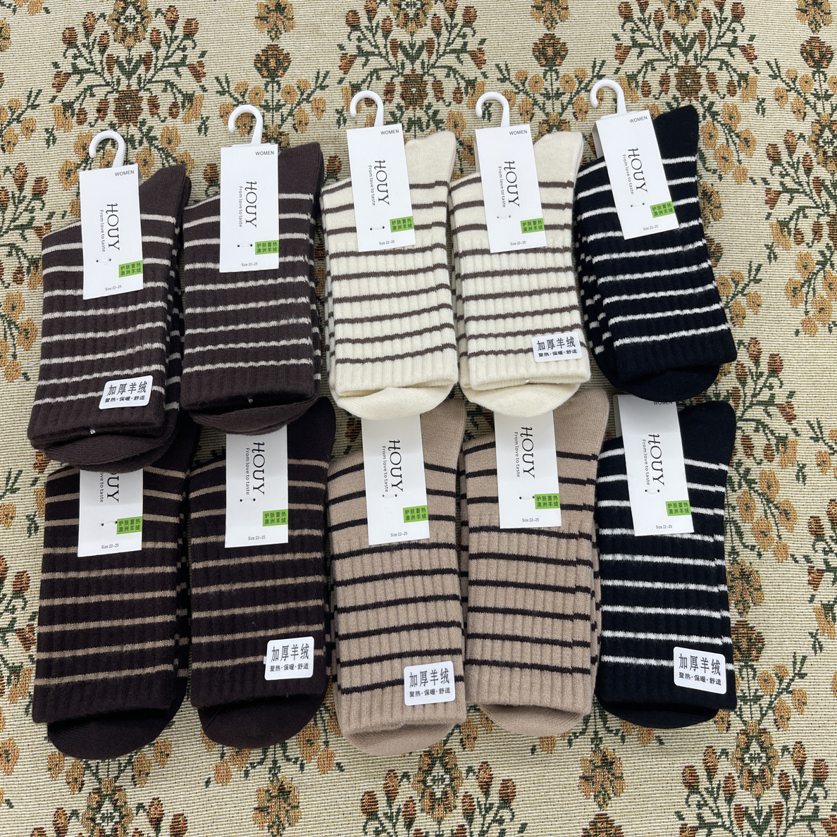 美拉德色系保暖时尚条纹含羊绒女袜