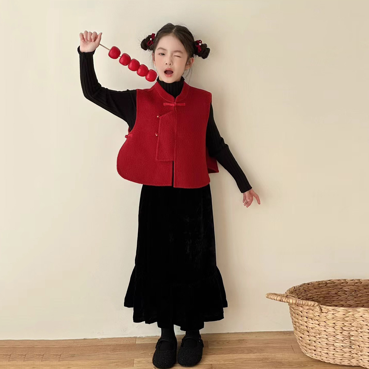 女童拜年服2026新年中式旗袍马甲夹棉国风三件套新年礼服打底加绒