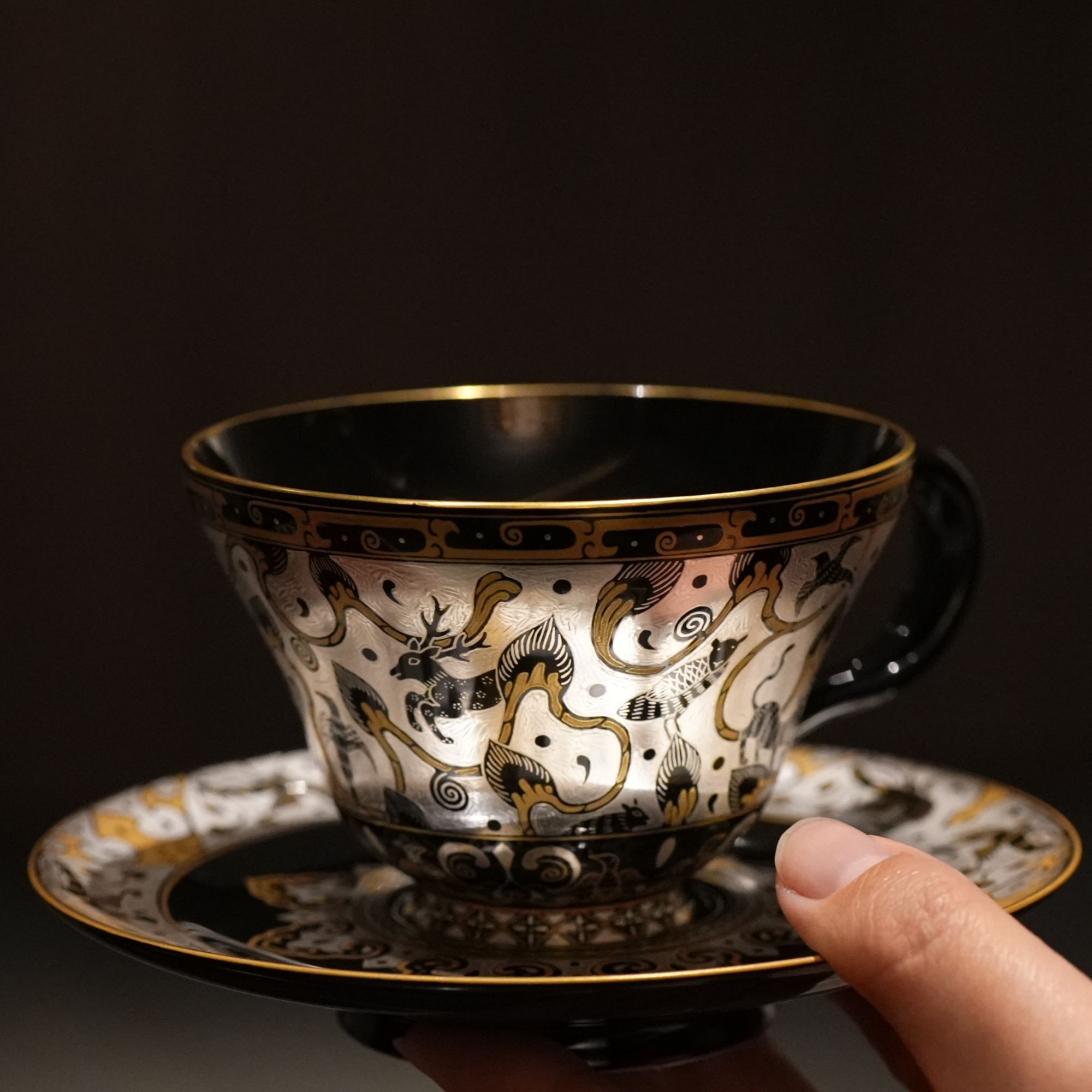 艺林堂万物有灵仿漆器黑地错金银咖啡杯茶具套杯手绘意式咖啡具