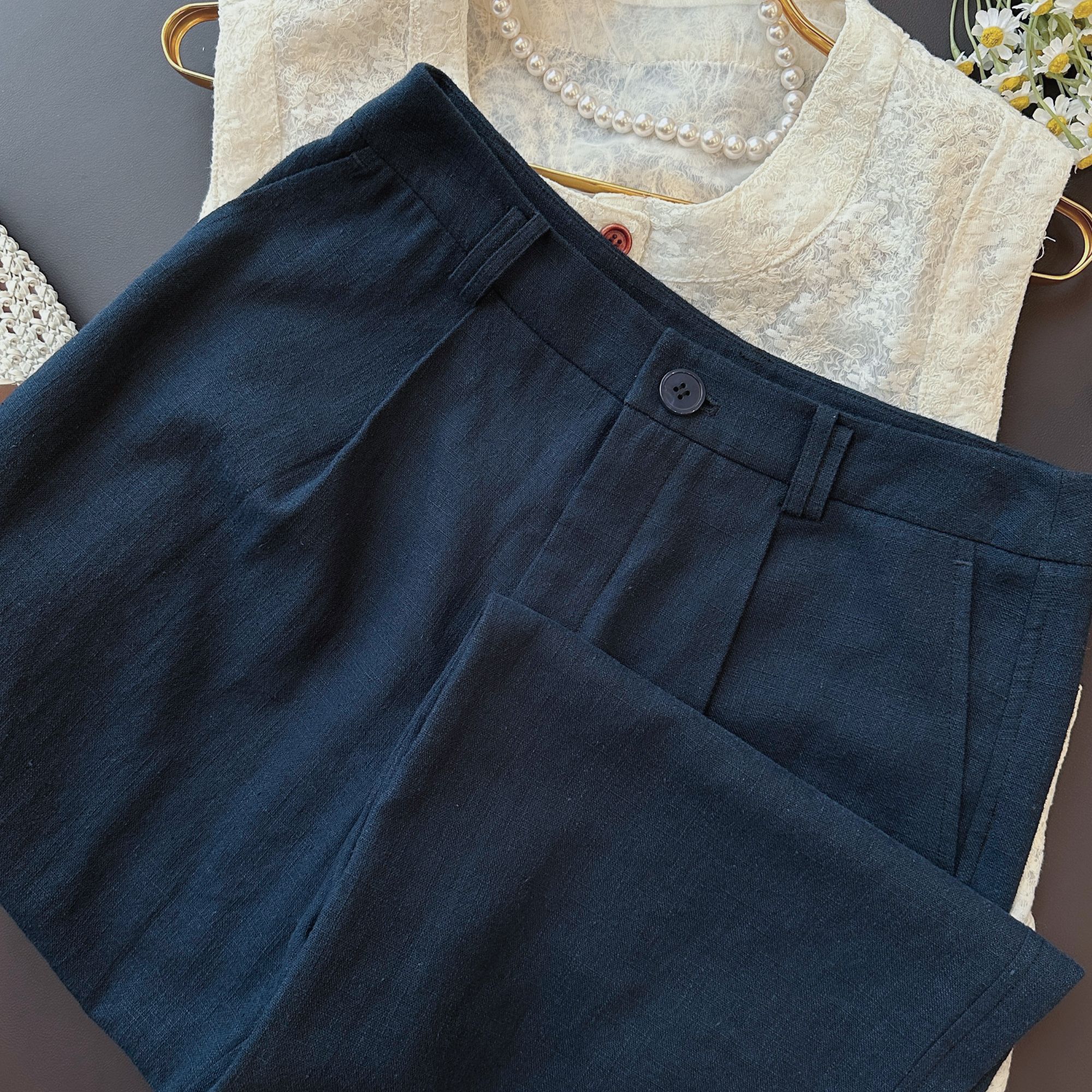 夏季新款慵懒风亚麻裤子中高腰显瘦时尚A字纯色气质百搭舒适透气