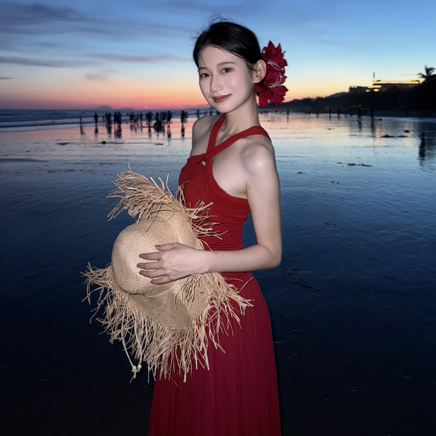 【现货+运补】红色挂脖吊带抹胸连衣裙子女夏海边度假风长裙5228