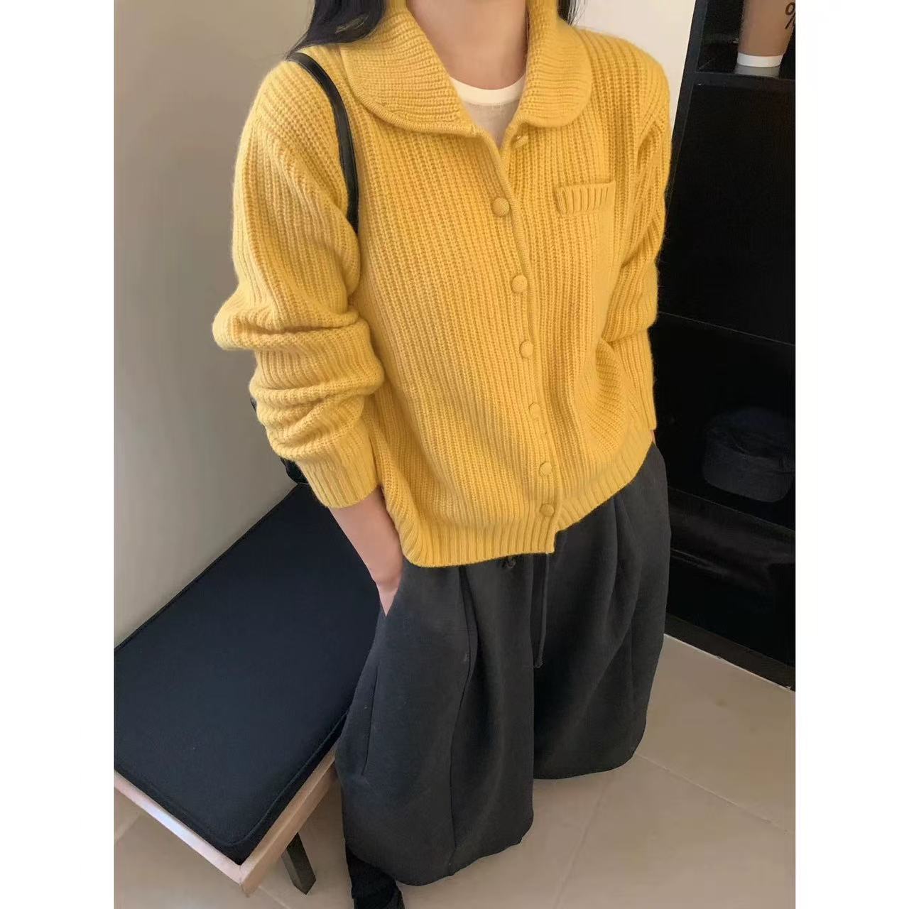 K2473 <香蕉牛乳> 黄色翻领假口袋针织毛衣开衫