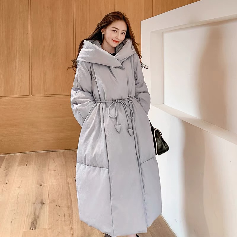 灰色过膝羽绒服女长款冬装新款白鸭绒连帽显瘦加厚外套20230