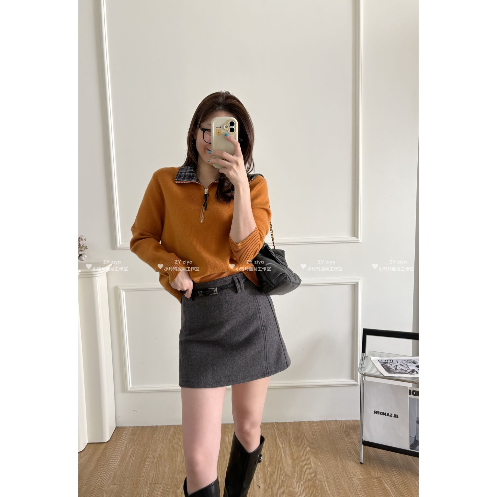 设计款拼接格纹毛衣9106