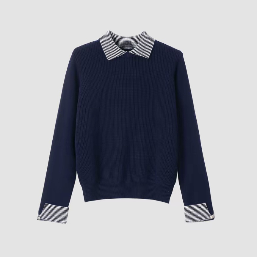 保暖秋冬新款简约风百搭假两件翻领毛衣针织衫打底小衫1153