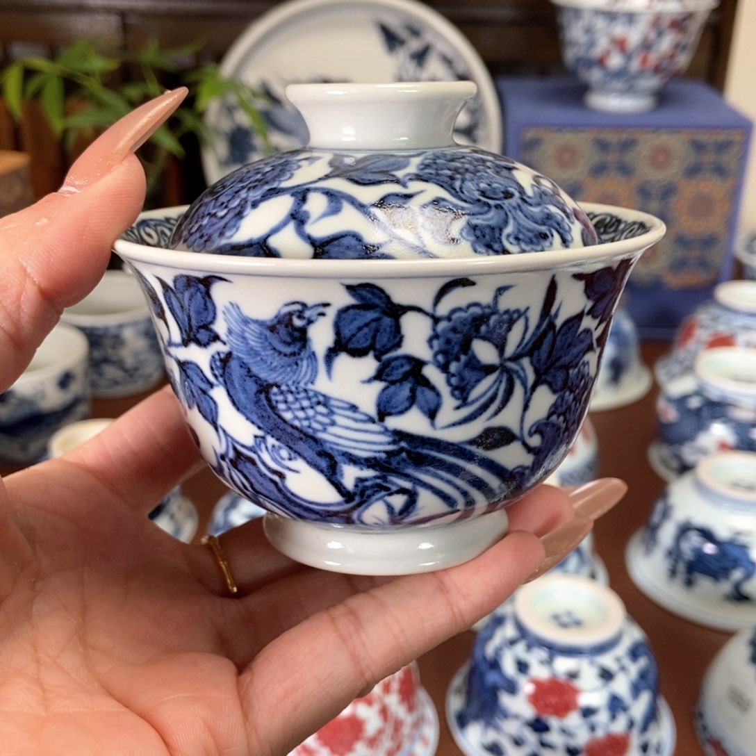 沐朴元青花牡丹锦鸡盖碗
