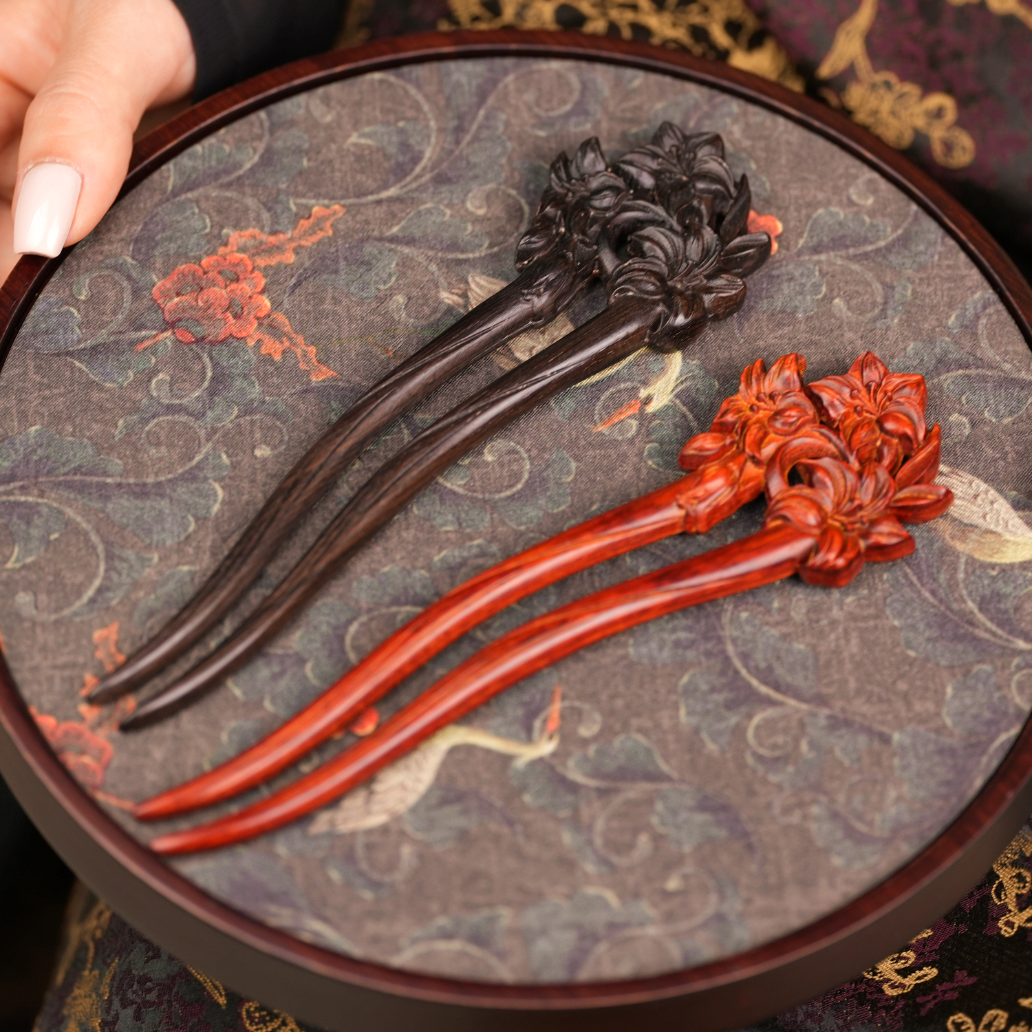 新中式水仙花发簪古风檀木U形簪子女古代大发钗日常盘发头饰发饰