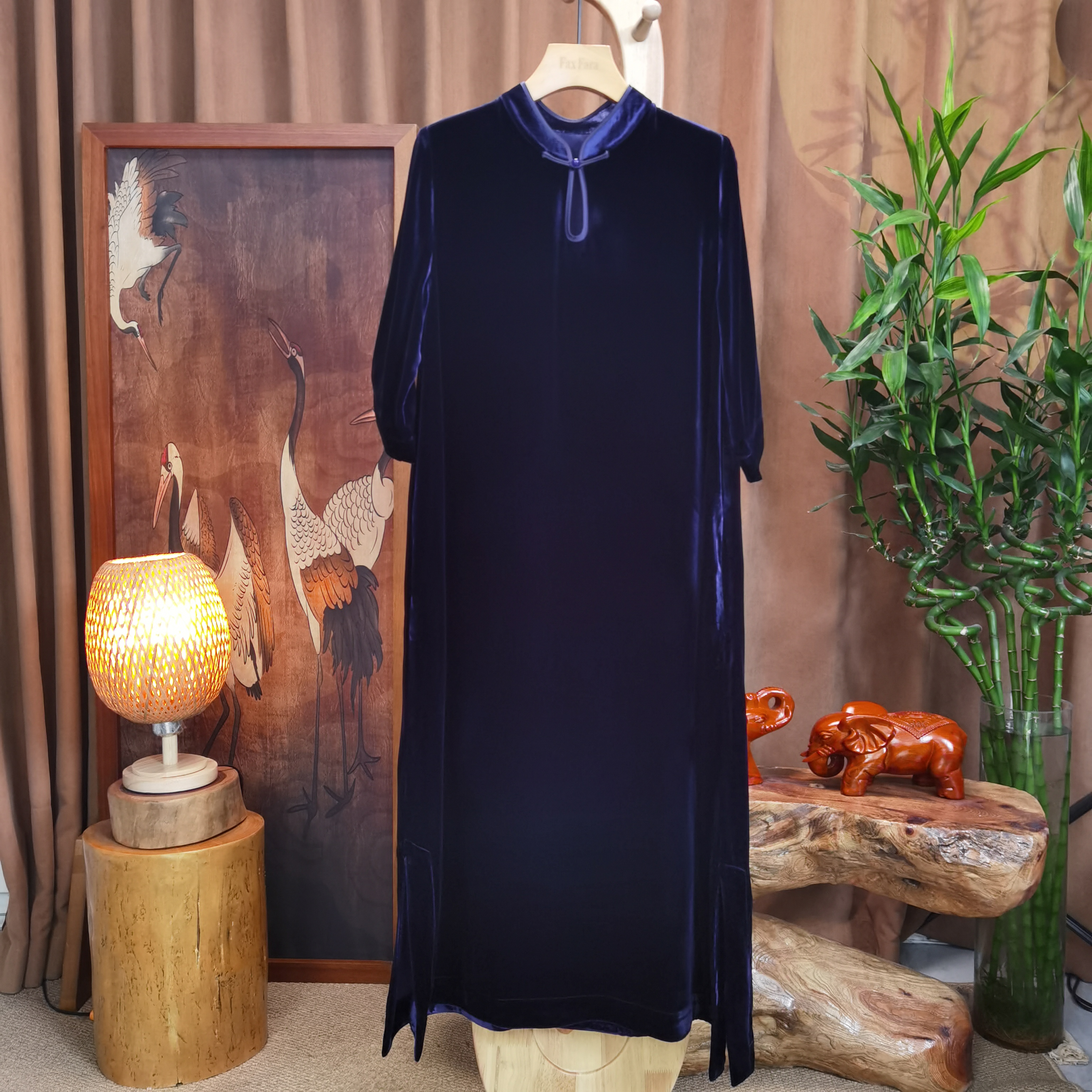 富美国风桑蚕丝连衣裙F7767蓝色水滴领