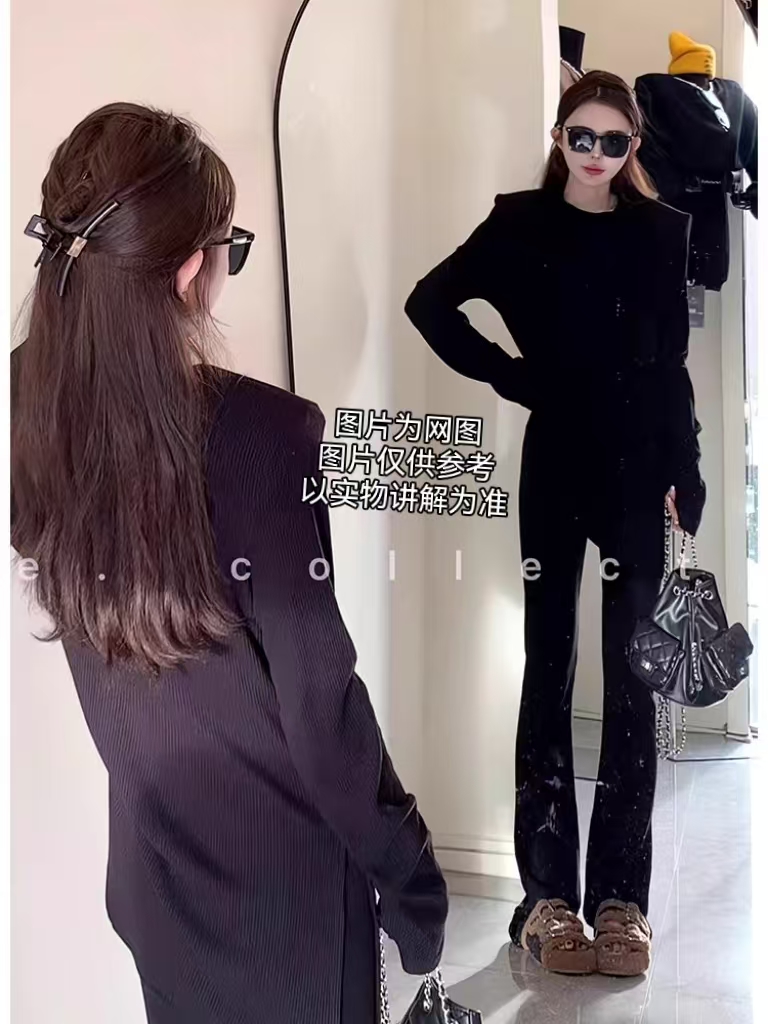 微胖大码女装2025春季新款套装纸片人开叉上衣+微喇裤