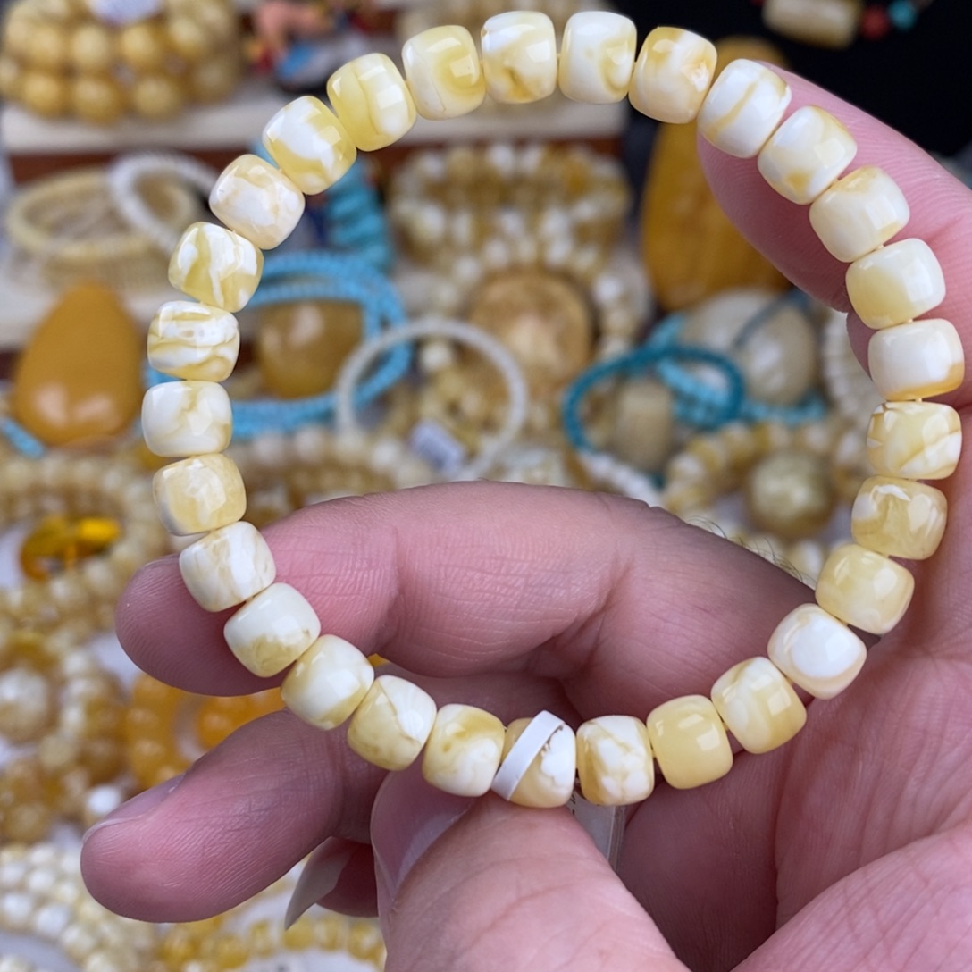 蜜蜡未镶嵌手链瓷白细纹虎皮8mm