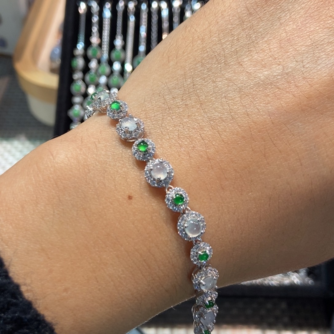 翡翠银S925镶嵌手链天然缅甸