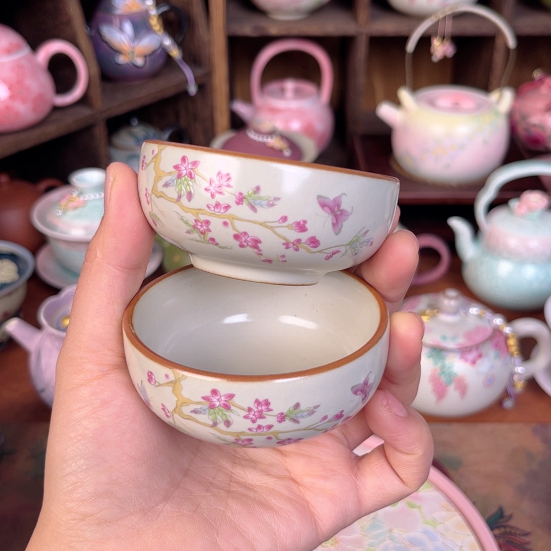 壶陶米黄汝瓷桃花杯杯