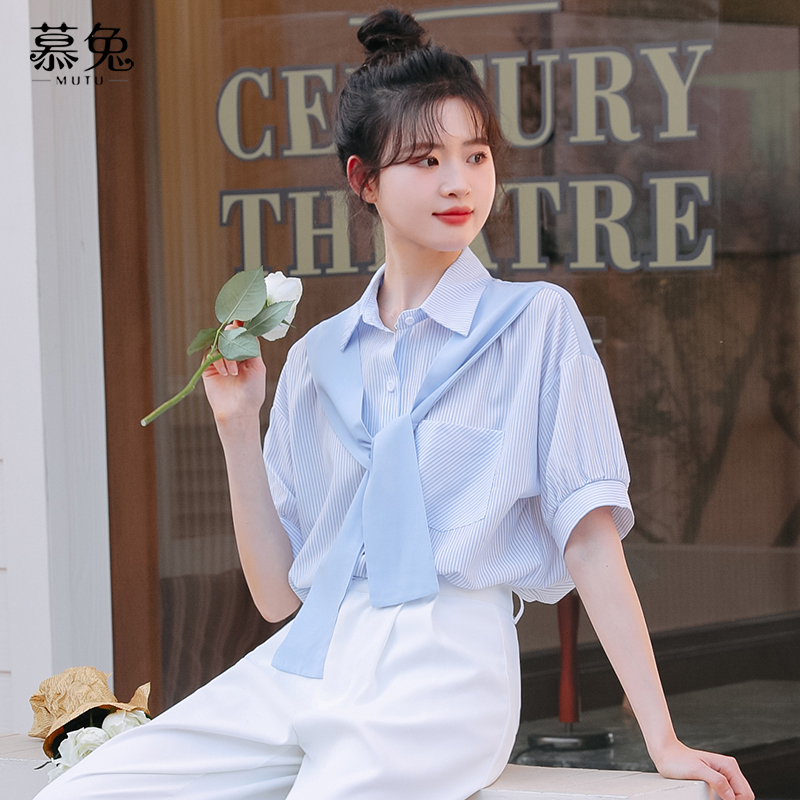 【小铃铛】MT10902港风条纹披肩衬衫假两件设计感小众短袖上衣